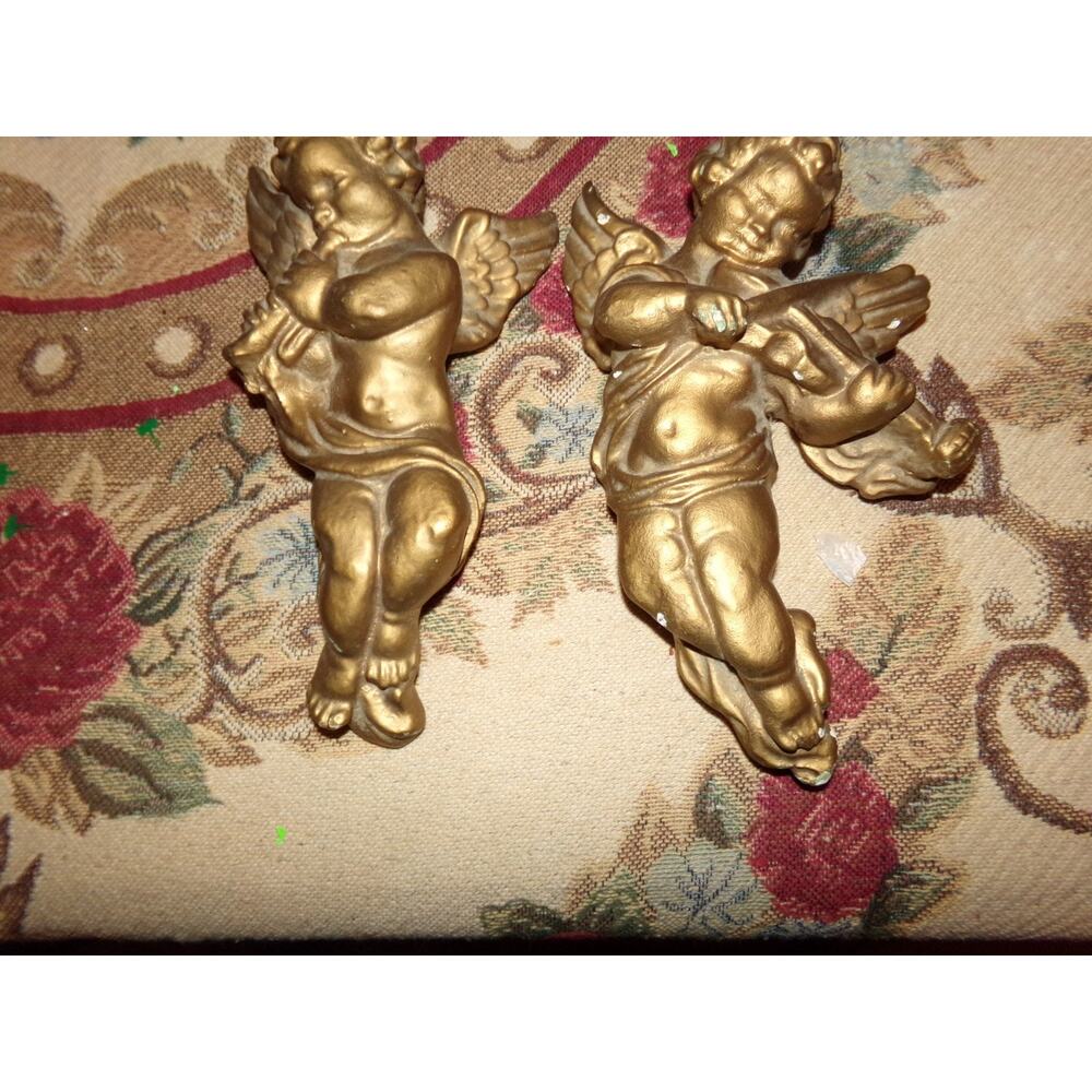 VINTAGE ANGELS CHERUBS WALL PLAQUES (2) GOLD CERAMIC/CHALK - Picture 6 of 8